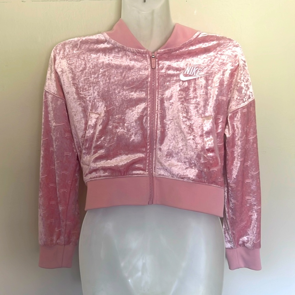 Girls Nike Pink crushed velvet bomber cropped  jacket. Size Youth Medium